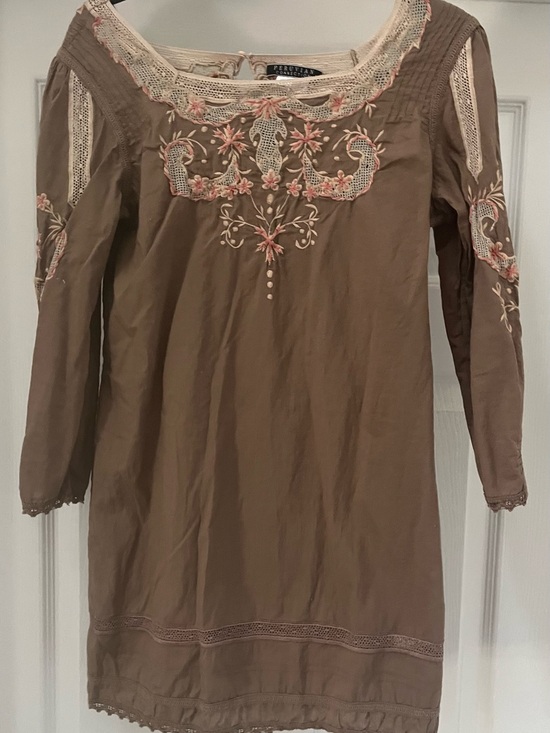Peruvian Connection Dresses & Skirts - Peruvian Connection Brown Sardinia Tunic or Mini with Salmon & Cream Embroidery